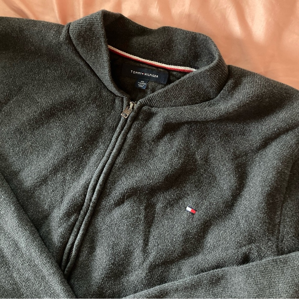 Tommy Hilfiger XXL Full Zip Double Zipper Cardigan Sweater Gray Cotton RN77806